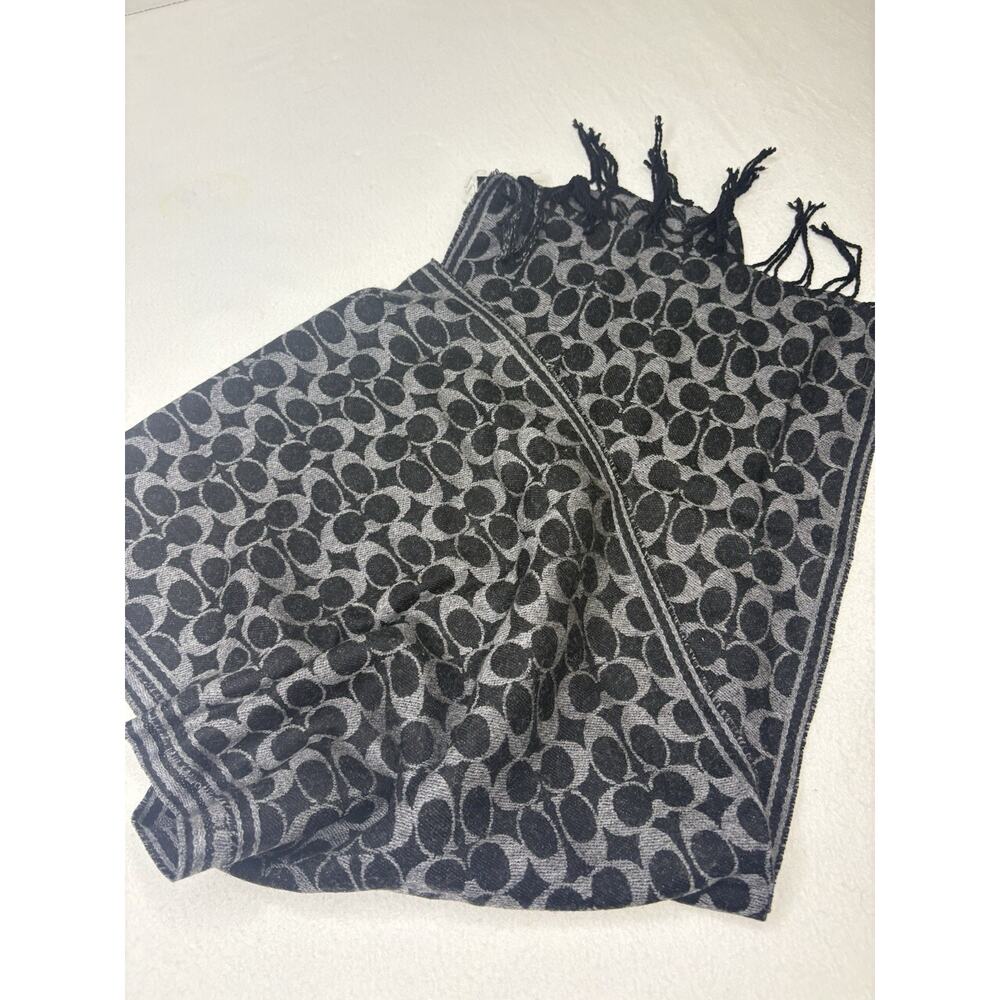 NWT Coach Unisex 100% Soft Merino Wool Black Gray Logo Scarf With Fringe